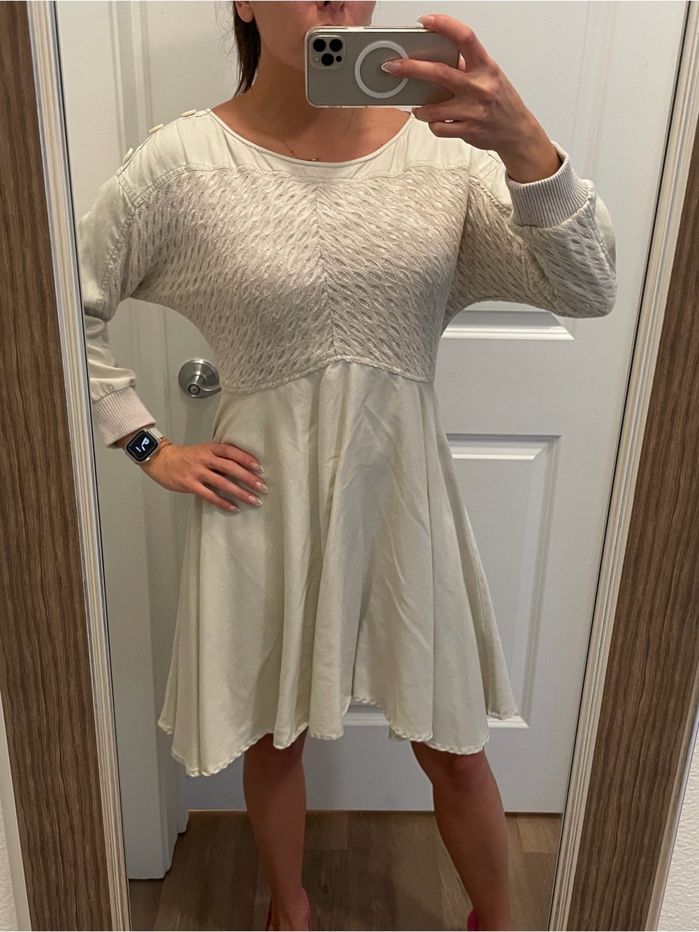 Anthropologie Cream Knit-Bodice Mini Dress
